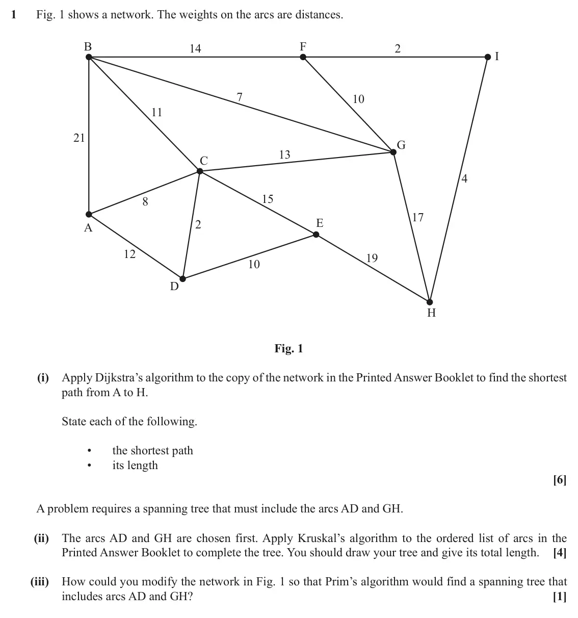 June 2018 AS Modelling with Algorithms, question 1: Fig. 1 shows a network. The weights on the arcs are distances. B F 14 2 I 7 10 11 21 G 13 C 4 15 8 17 E 2 A 12 19 10 D H Fig. 1 (i) Apply Dijkstra’s algorithm t