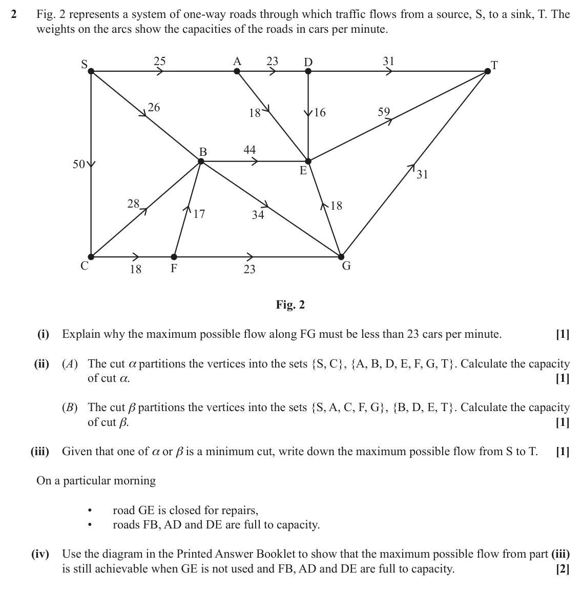 June 2018 AS Modelling with Algorithms, question 2: Fig. 2 represents a system of one-way roads through which traffic flows from a source, S, to a sink, T. The weights on the arcs show the capacities of the roads