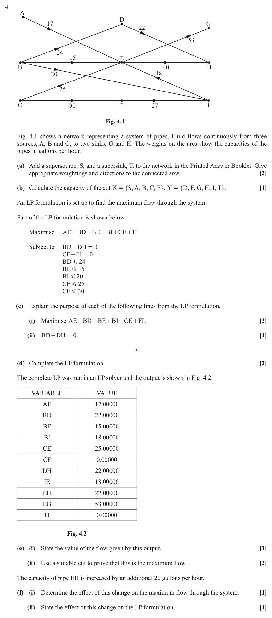 June 2019 AS Modelling with Algorithms, question 4: A D 17 G 22 53 24 15 E B 40 H 18 20 25 C I 30 F 27 Fig. 4.1 Fig. 4.1 shows a network representing a system of pipes. Fluid flows continuously from three sources