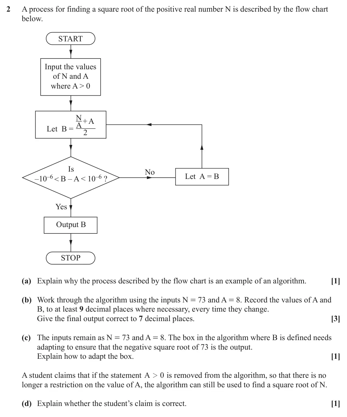June 2022 AS Modelling with Algorithms, question 2: A process for finding a square root of the positive real number N is described by the flow chart below. START Input the values of N and A where A > 0 N +A A Let