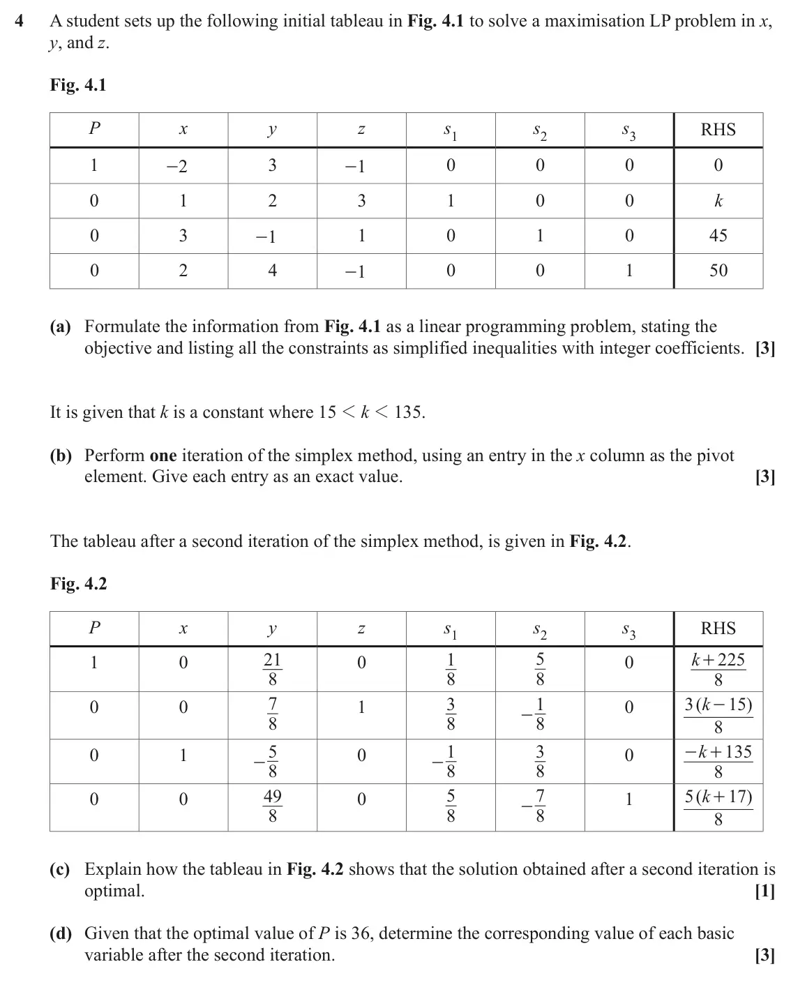 June 2024 AS Modelling with Algorithms, question 4: A student sets up the following initial tableau in Fig. 4.1 to solve a maximisation LP problem in x, y, and z. Fig. 4.1 P x y z s1 s2 s3 RHS 1 -2 3 -1 0 0 0 0 0