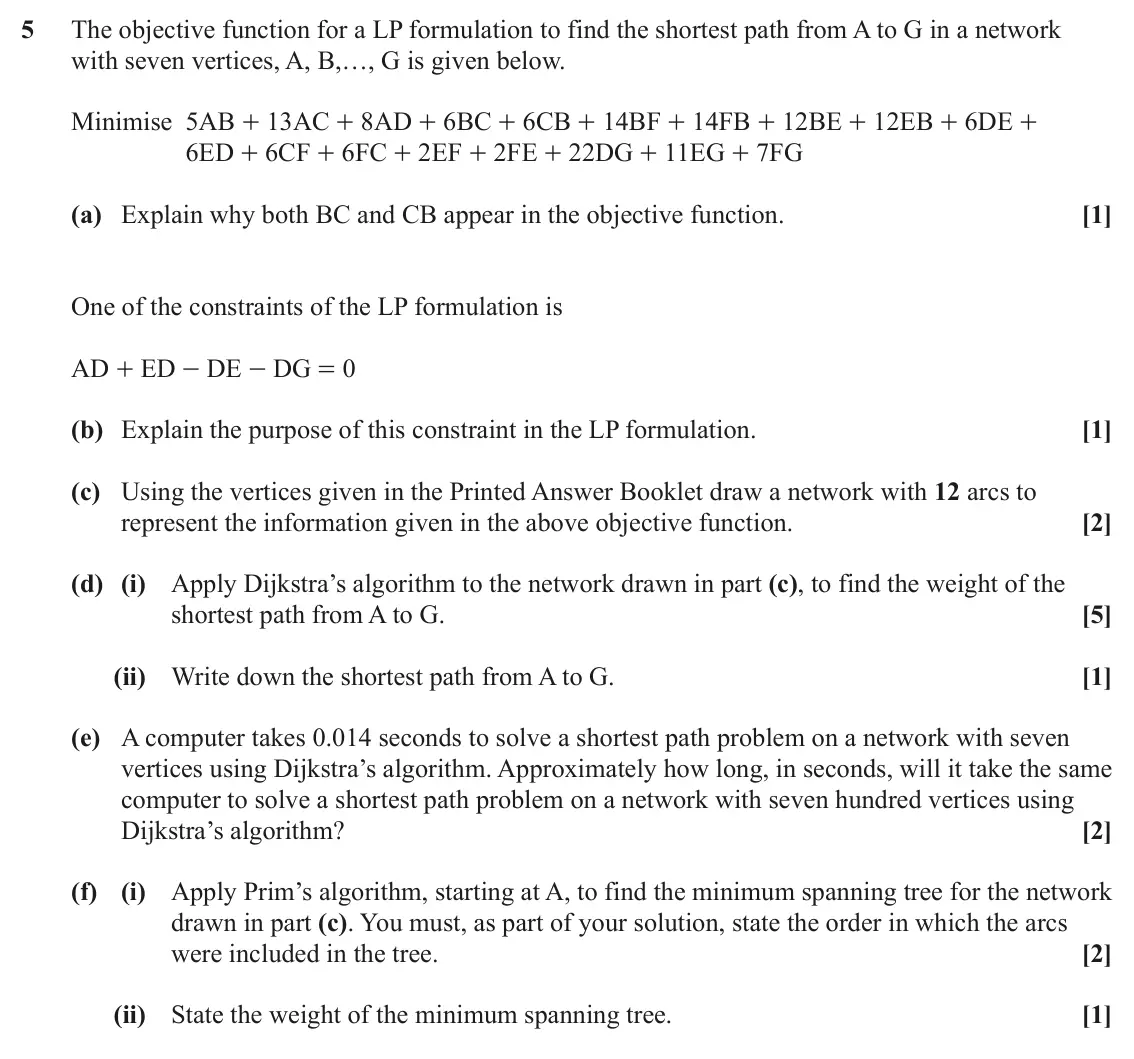 June 2024 AS Modelling with Algorithms, question 5: The objective function for a LP formulation to find the shortest path from A to G in a network with seven vertices, A, B,…, G is given below. Minimise 5AB + 13A