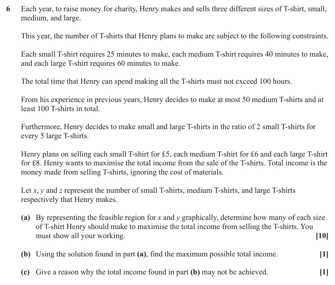 June 2024 AS Modelling with Algorithms, question 6: Each year, to raise money for charity, Henry makes and sells three different sizes of T‑shirt, small, medium, and large. This year, the number of T‑shirts that