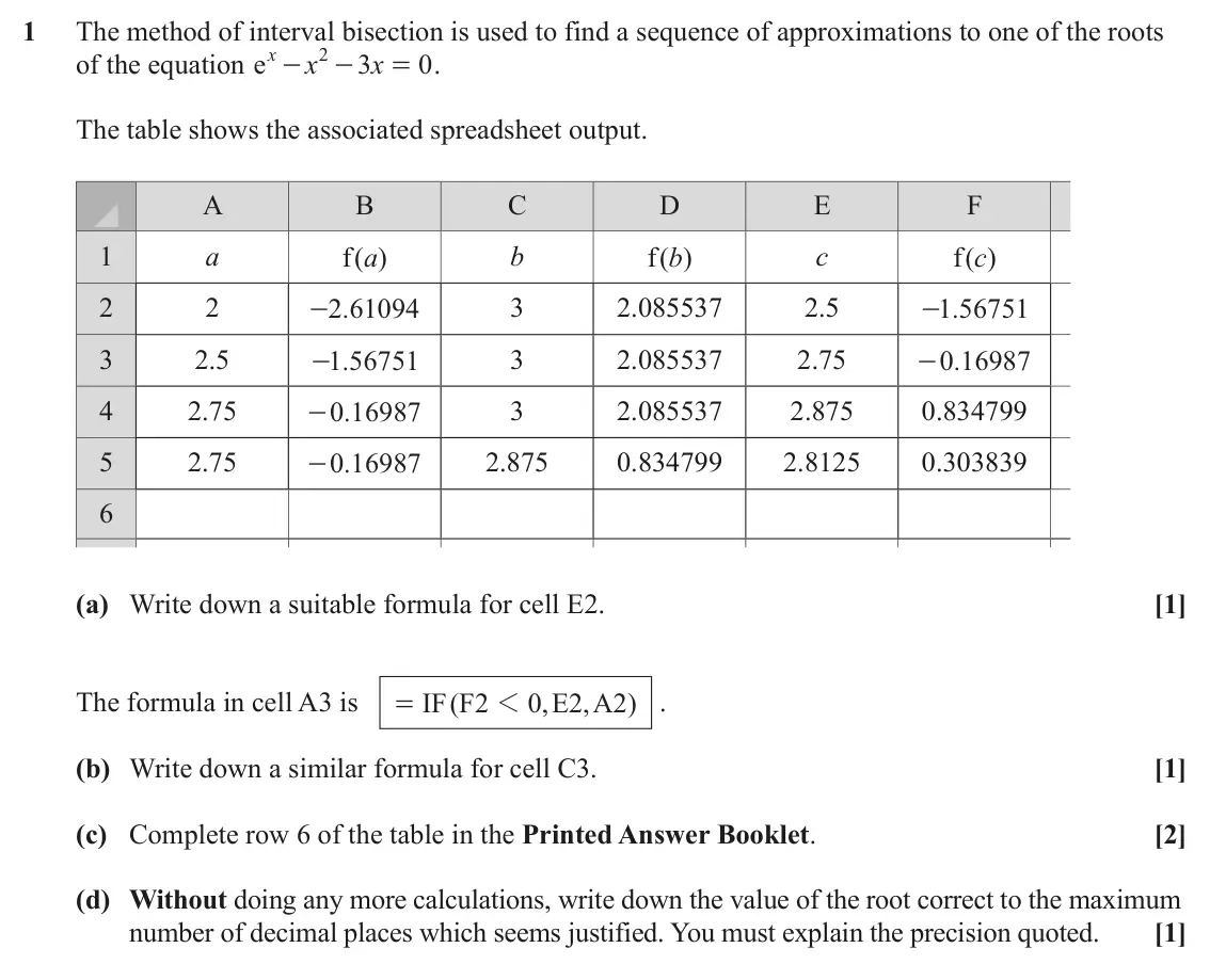 June 2025 AS Numerical Methods, question 1: The method of interval bisection is used to find a sequence of approximations to one of the roots x 2 of the equation e x 3 x 0 . - - = The table shows the asso