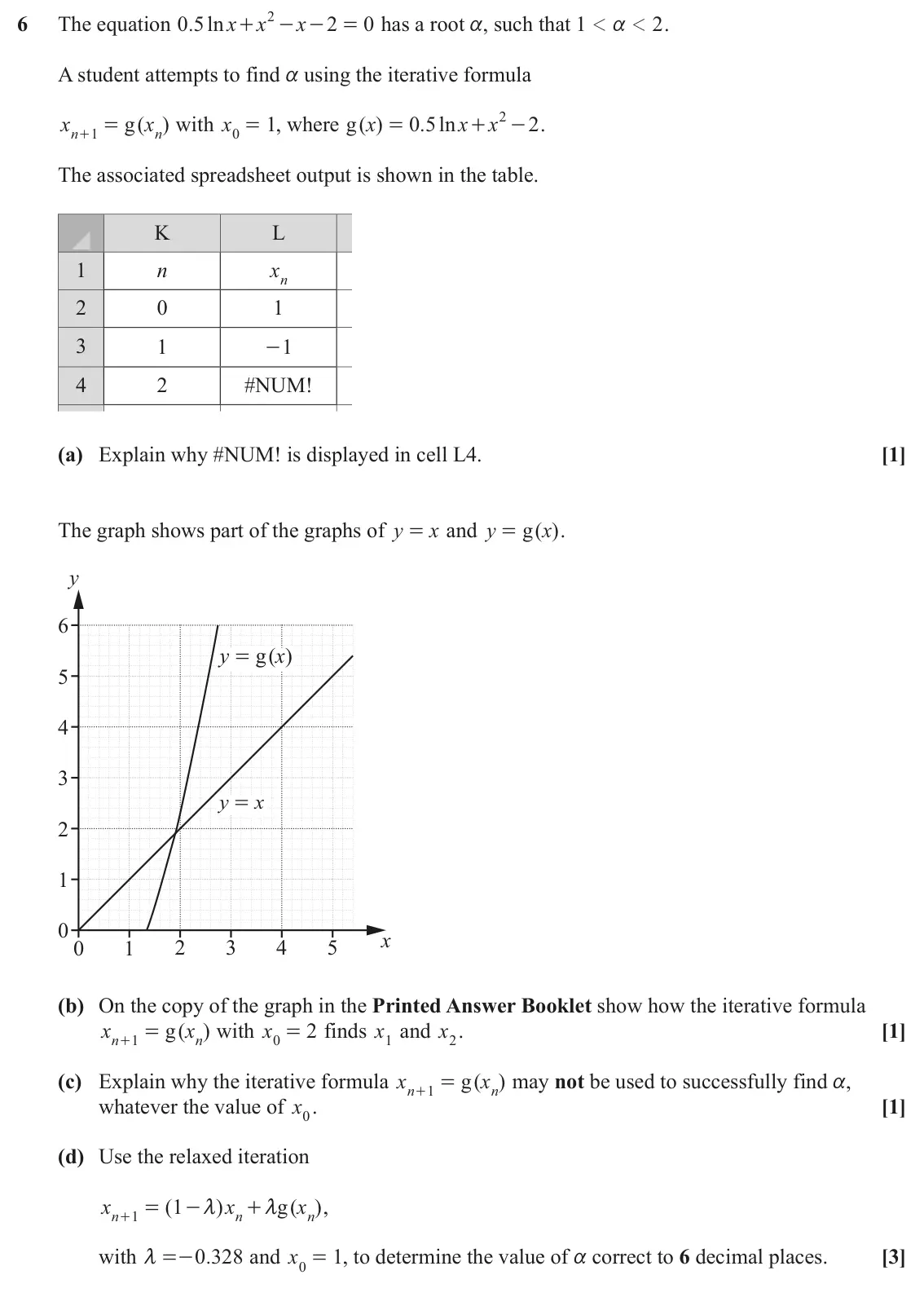 June 2025 AS Numerical Methods, question 6: 6 The equation . ln x 0 5 x x 2 0 has a root a, such that 1 2 . + - - = 1 1 a A student attempts to find a using the iterative formula 2 x g ( x ) with x 0 = , 