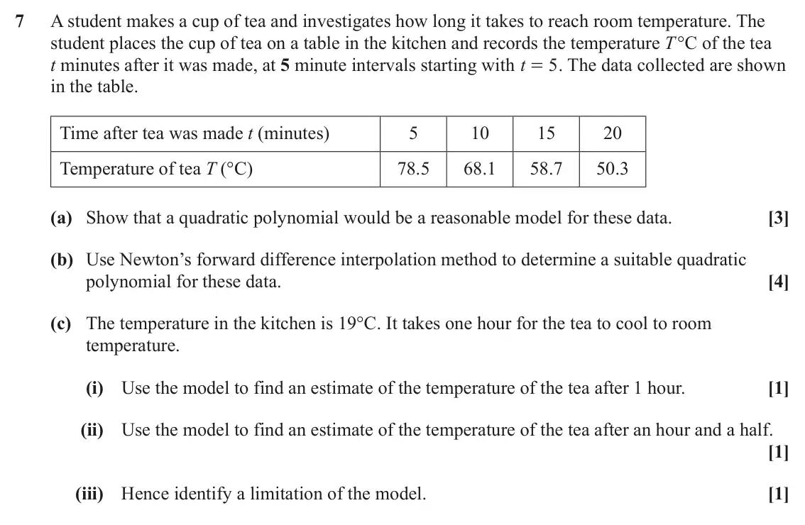 June 2025 AS Numerical Methods, question 7: A student makes a cup of tea and investigates how long it takes to reach room temperature. The student places the cup of tea on a table in the kitchen and recor