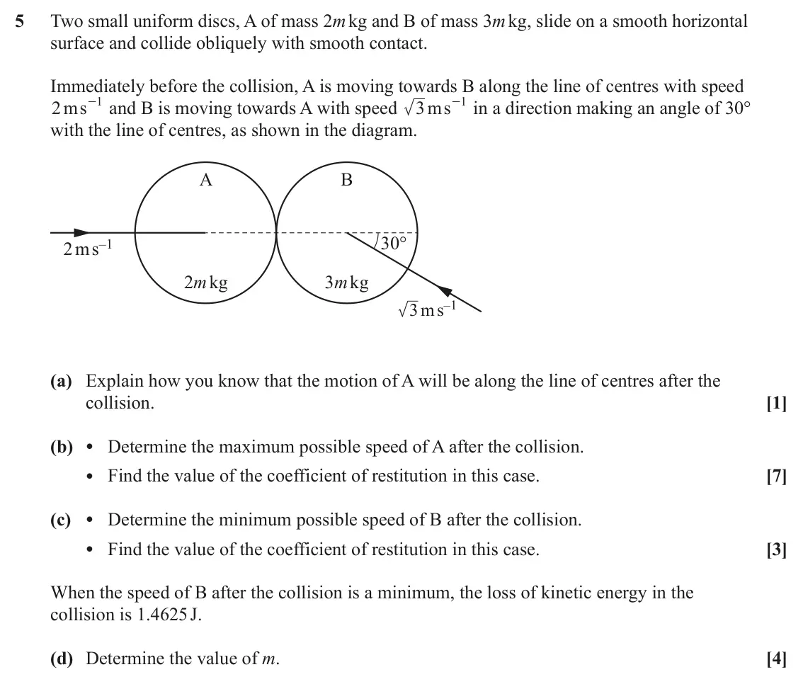 June 2022 AS Mechanics B, question 5: Two small uniform discs, A of mass 2m kg and B of mass 3m kg, slide on a smooth horizontal surface and collide obliquely with smooth contact. Immediately before