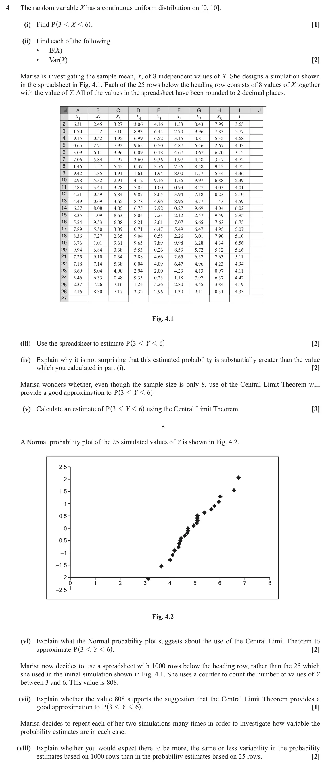 June 2018 AS Statistics B, question 4: The random variable X has a continuous uniform distribution on [0, 10]. ^ h. (i) Find P X [1] 3 1 1 6 (ii) Find each of the following. • E(X) • Var(X) [2] Maris