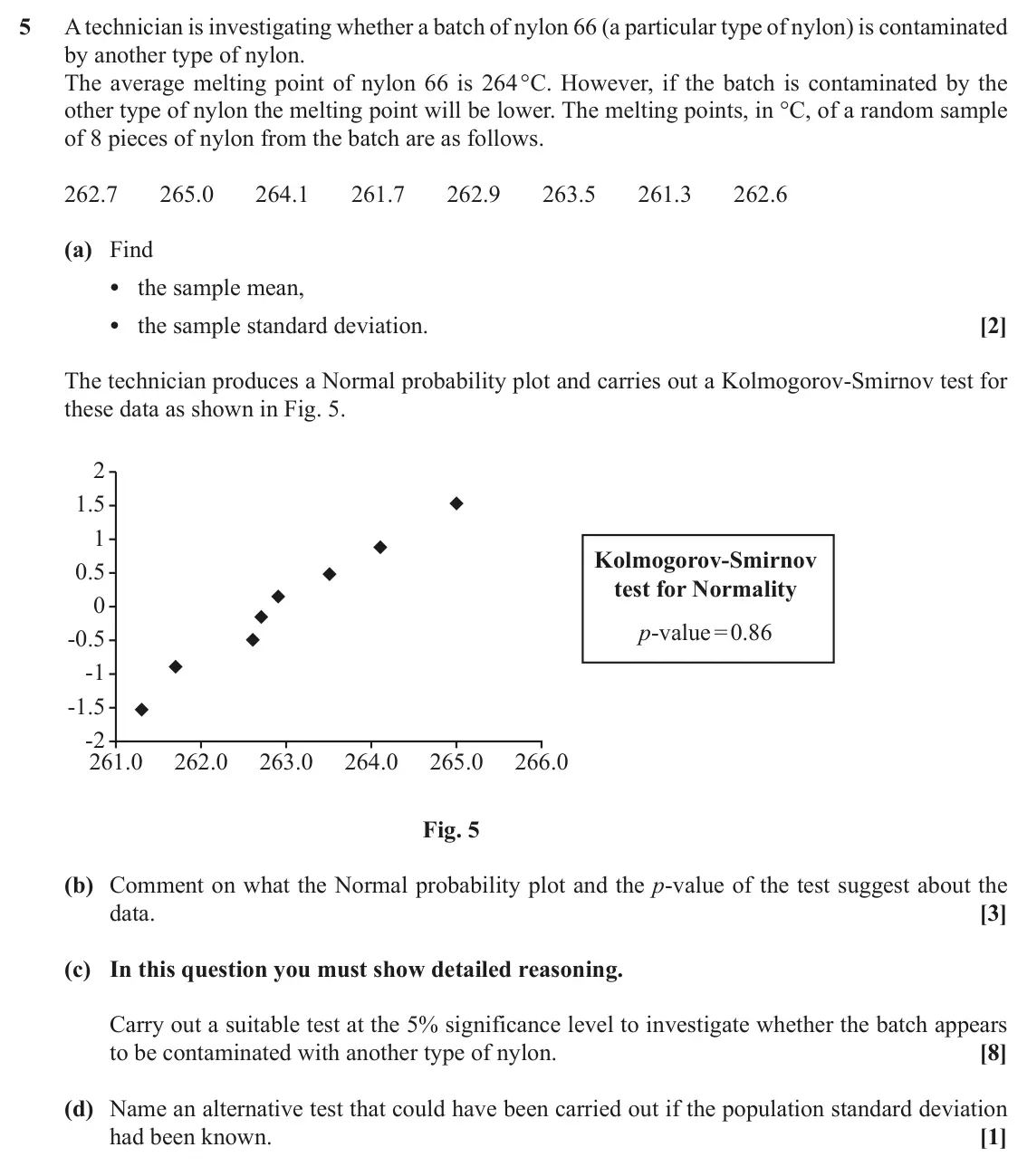 June 2019 AS Statistics B, question 5: A technician is investigating whether a batch of nylon 66 (a particular type of nylon) is contaminated by another type of nylon. The average melting point of ny