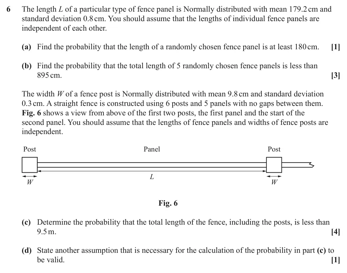 June 2022 AS Statistics B, question 6: The length L of a particular type of fence panel is Normally distributed with mean 179.2 cm and standard deviation 0.8 cm. You should assume that the lengths of