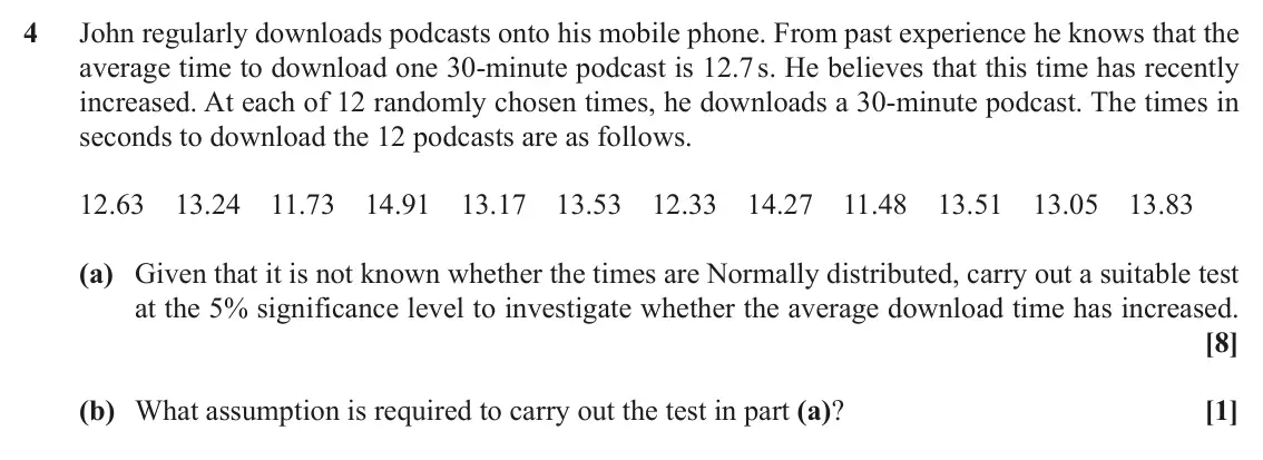 November 2021 AS Statistics B, question 4: John regularly downloads podcasts onto his mobile phone. From past experience he knows that the average time to download one 30-minute podcast is 12.7 s. He bel