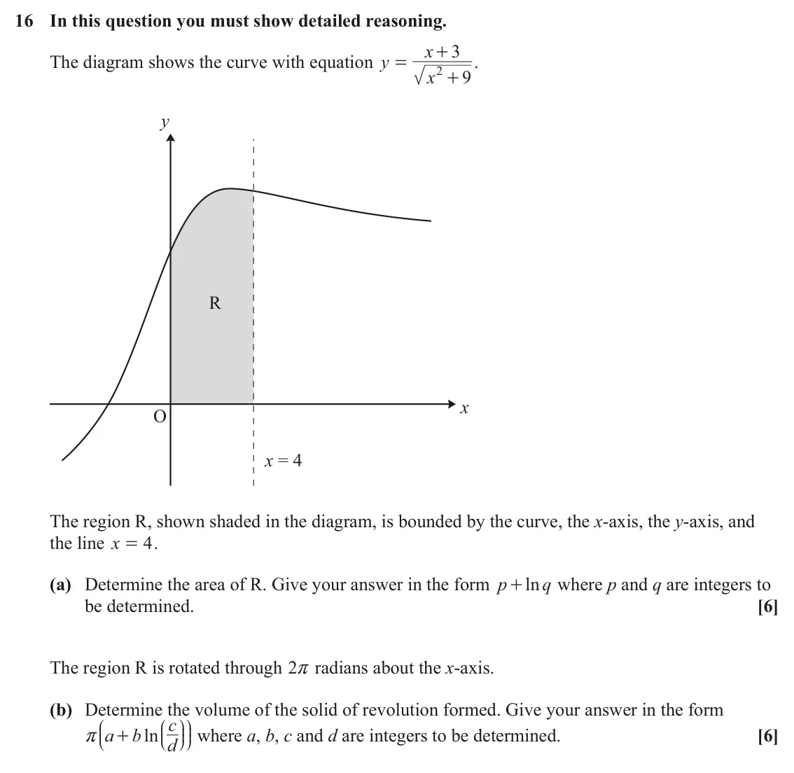 June 2025 Core Pure, question 16: In this question you must show detailed reasoning. x 3 + The diagram shows the curve with equation y . = 2 x 9 + y R x O x = 4 The region R, shown shaded in the