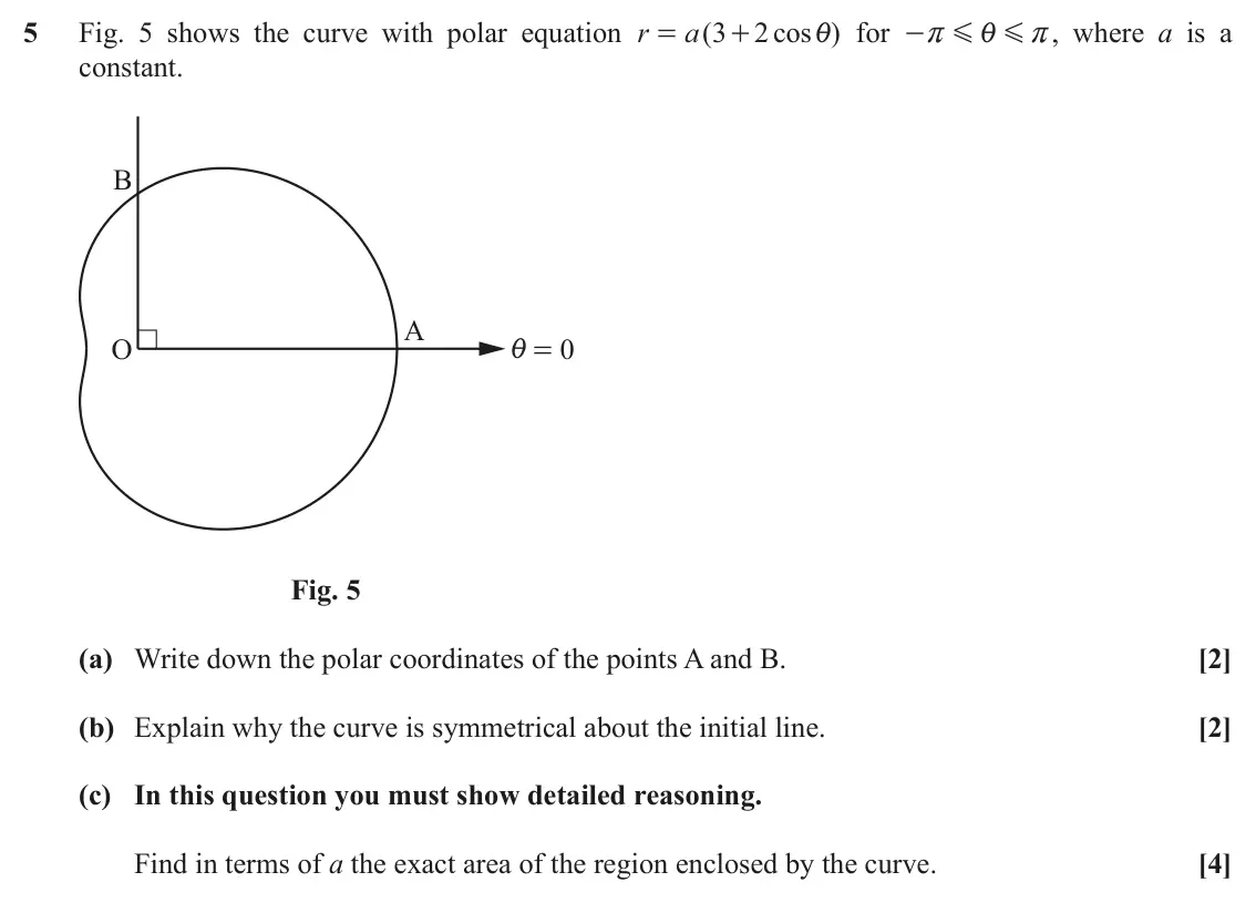 November 2020 Core Pure, question 5: Fig. 5 shows the curve with polar equation r a 3 ( 2 cos ) for , where a is a = + i - r G i G r constant. B A O = 0 i Fig. 5 (a) Write down the polar coordinate