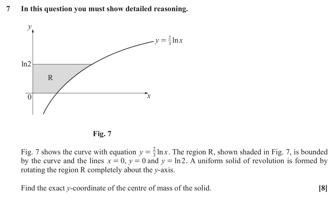 June 2019 Mechanics Major, question 7: In this question you must show detailed reasoning. y y 2 ln x = 3 ln2 R x 0 Fig. 7 2 Fig. 7 shows the curve with equation y ln x . The region R, shown shaded in
