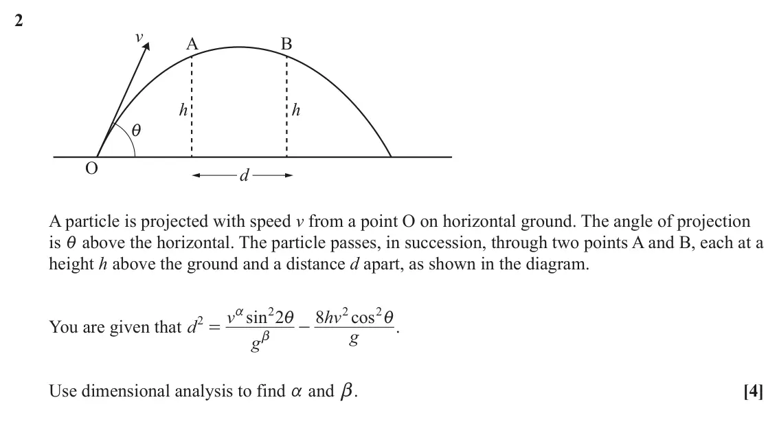 June 2022 Mechanics Major, question 2: v A B h h i O d A particle is projected with speed v from a point O on horizontal ground. The angle of projection is i above the horizontal. The particle passes