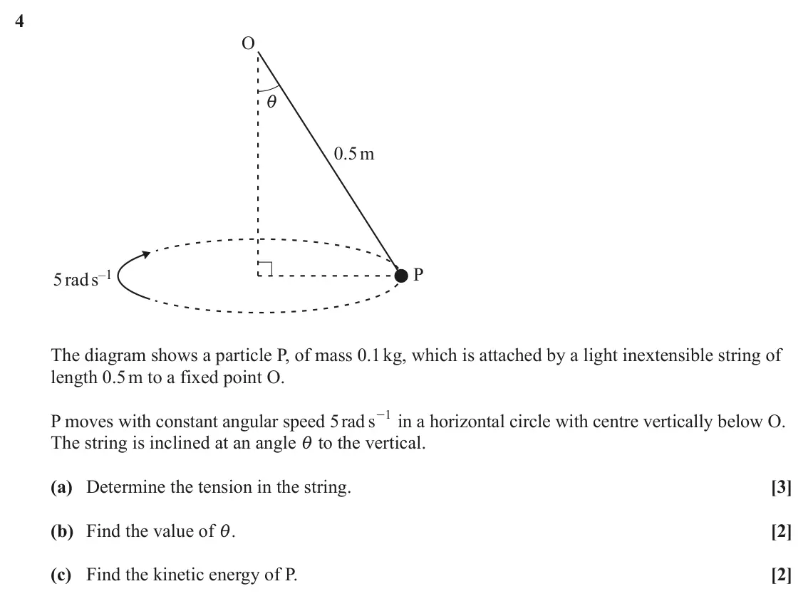 June 2022 Mechanics Major, question 4: O i 0.5m P 5 rads–1 The diagram shows a particle P, of mass 0.1 kg, which is attached by a light inextensible string of length 0.5 m to a fixed point O. P moves