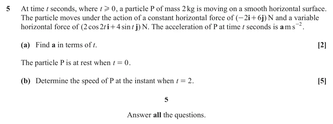 June 2022 Mechanics Major, question 5: At time t seconds, where t 0 , a particle P of mass 2 kg is moving on a smooth horizontal surface. H i j The particle moves under the action of a constant horiz