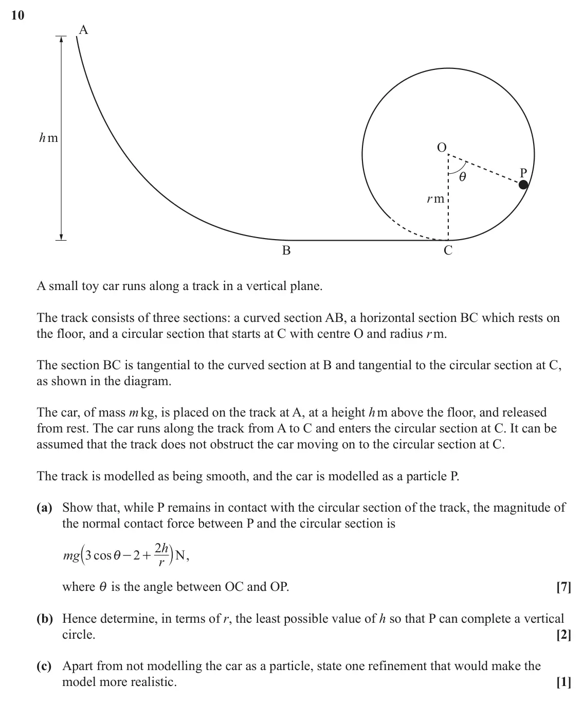 June 2022 Mechanics Major, question 10: A hm O P i r m B C A small toy car runs along a track in a vertical plane. The track consists of three sections: a curved section AB, a horizontal section BC wh