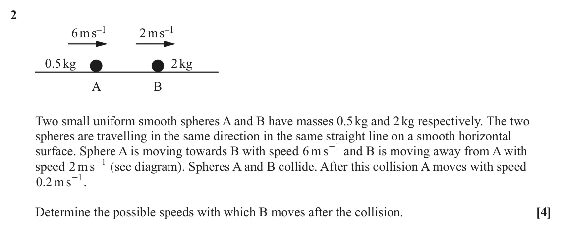 June 2023 Mechanics Major, question 2: 6ms–1 2ms–1 0.5 kg 2kg A B Two small uniform smooth spheres A and B have masses 0.5 kg and 2 kg respectively. The two spheres are travelling in the same directi