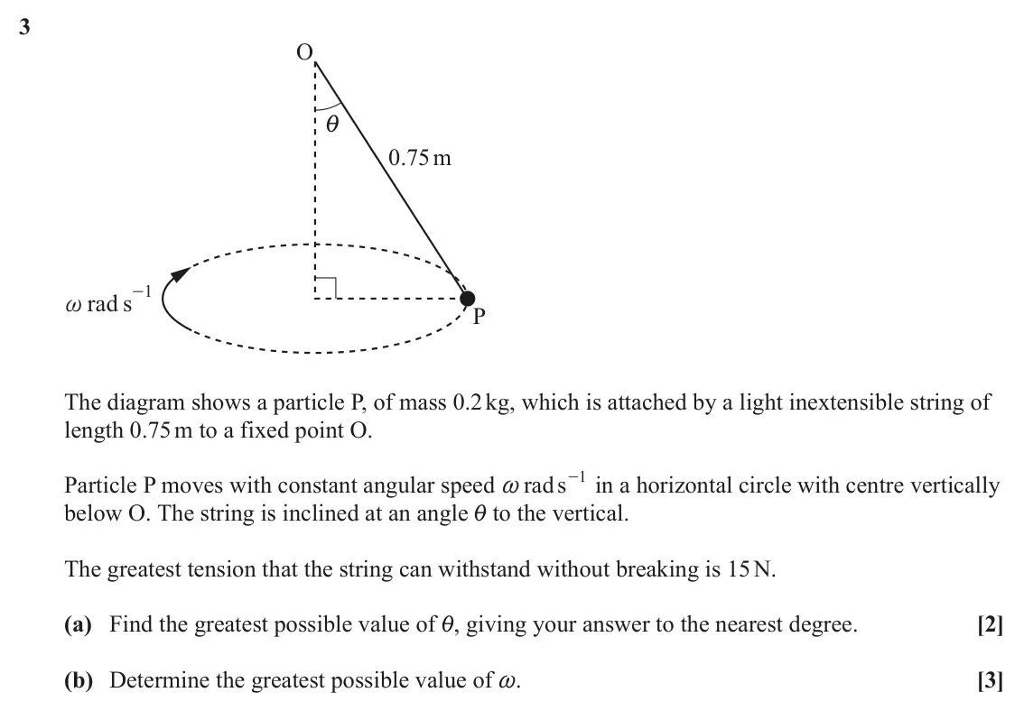 June 2023 Mechanics Major, question 3: O i 0.75 m 1 - rad s ~ P The diagram shows a particle P, of mass 0.2 kg, which is attached by a light inextensible string of length 0.75 m to a fixed point O. 1
