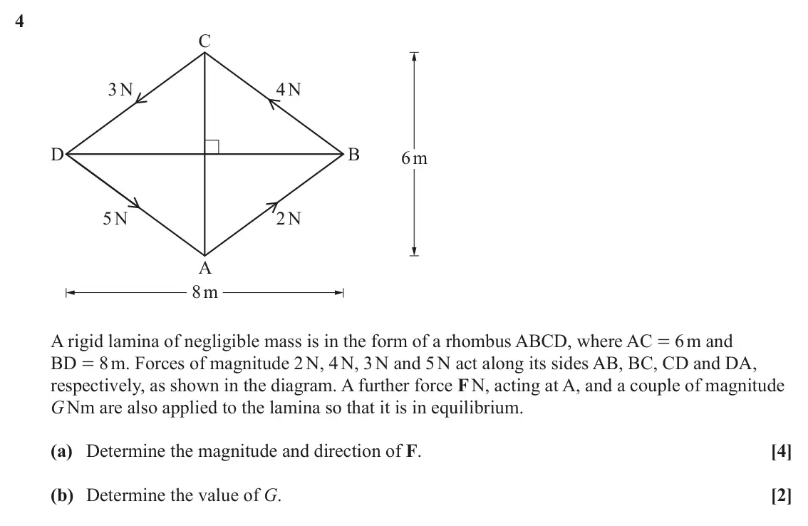June 2023 Mechanics Major, question 4: C 3 N 4N D B 6m 5 N 2N A 8m A rigid lamina of negligible mass is in the form of a rhombus ABCD, where AC = 6 m and BD = 8 m. Forces of magnitude 2 N, 4 N, 3 N a