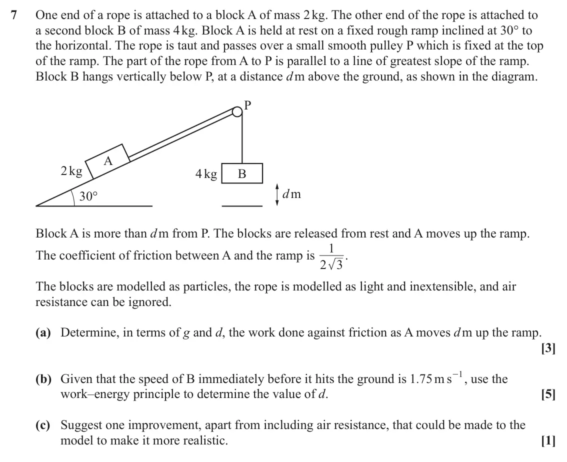 June 2023 Mechanics Major, question 7: One end of a rope is attached to a block A of mass 2 kg. The other end of the rope is attached to a second block B of mass 4 kg. Block A is held at rest on a fi