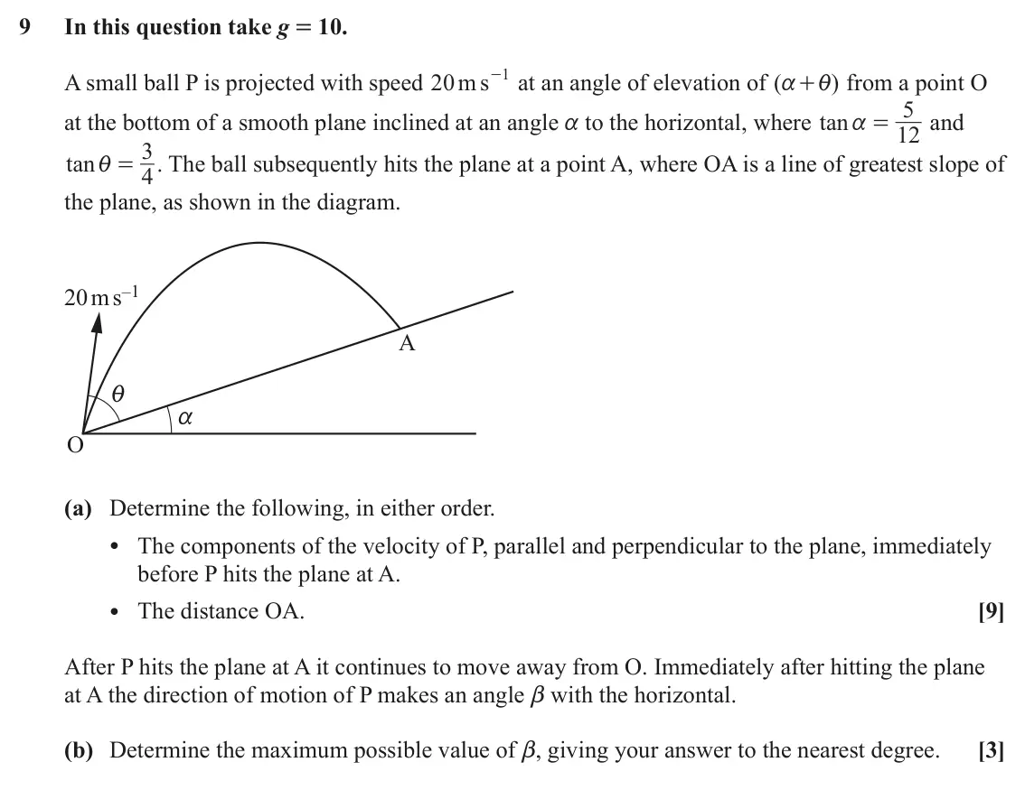 June 2023 Mechanics Major, question 9: In this question take g = 10. 1 A small ball P is projected with speed 20 m s - at an angle of elevation of ( ) from a point O a + i 5 at the bottom of a smooth