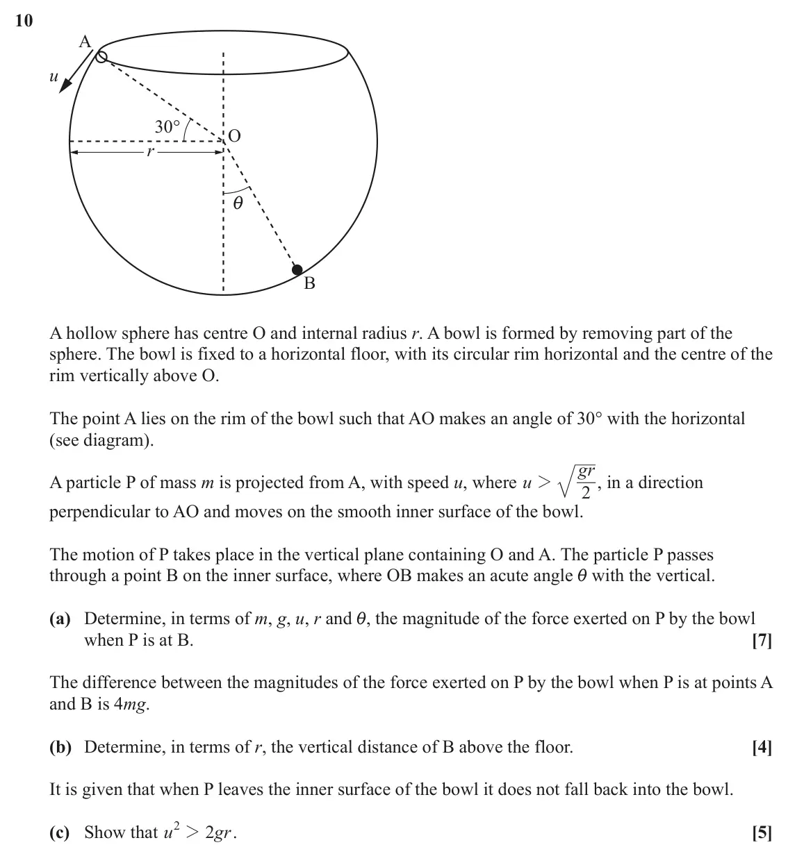 June 2023 Mechanics Major, question 10: A u 30° O r i B A hollow sphere has centre O and internal radius r. A bowl is formed by removing part of the sphere. The bowl is fixed to a horizontal floor, wi