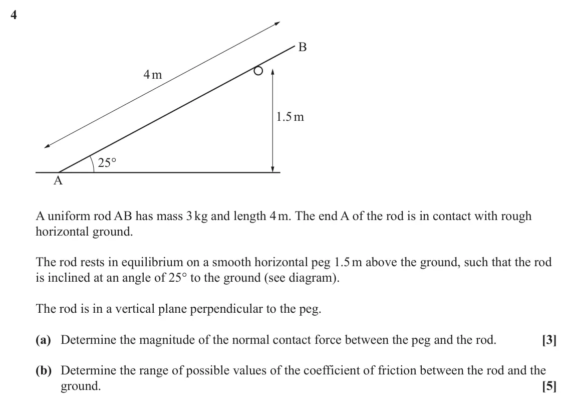 June 2024 Mechanics Major, question 4: B 4m 1.5m 25° A A uniform rod AB has mass 3 kg and length 4 m. The end A of the rod is in contact with rough horizontal ground. The rod rests in equilibrium on