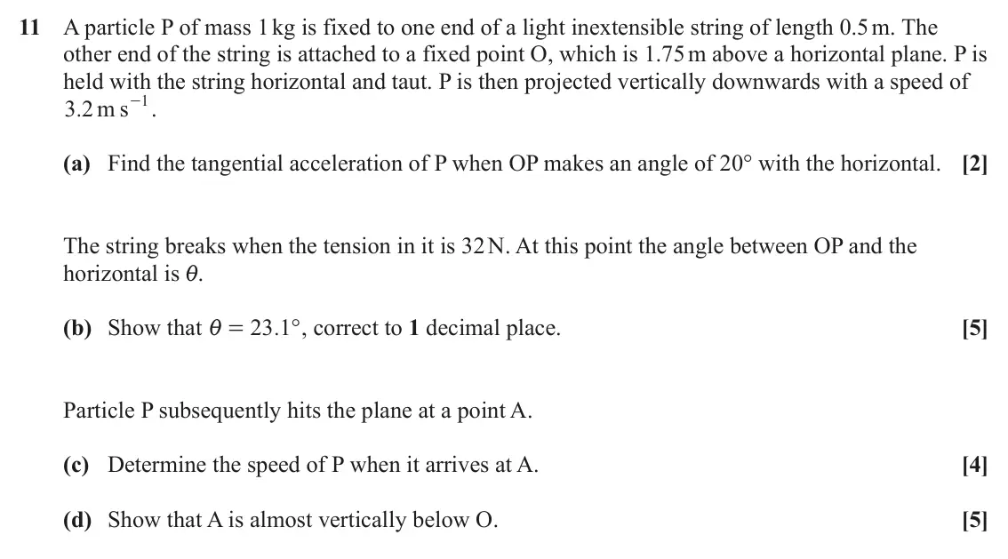 June 2024 Mechanics Major, question 11: A particle P of mass 1 kg is fixed to one end of a light inextensible string of length 0.5 m. The other end of the string is attached to a fixed point O, which