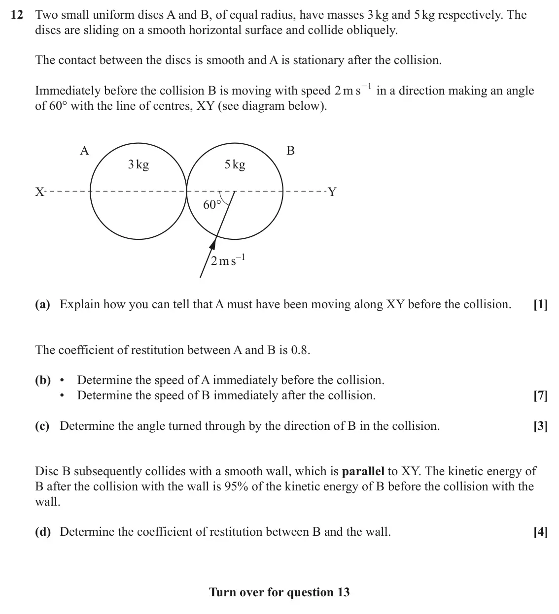 June 2024 Mechanics Major, question 12: Two small uniform discs A and B, of equal radius, have masses 3 kg and 5 kg respectively. The discs are sliding on a smooth horizontal surface and collide obliq
