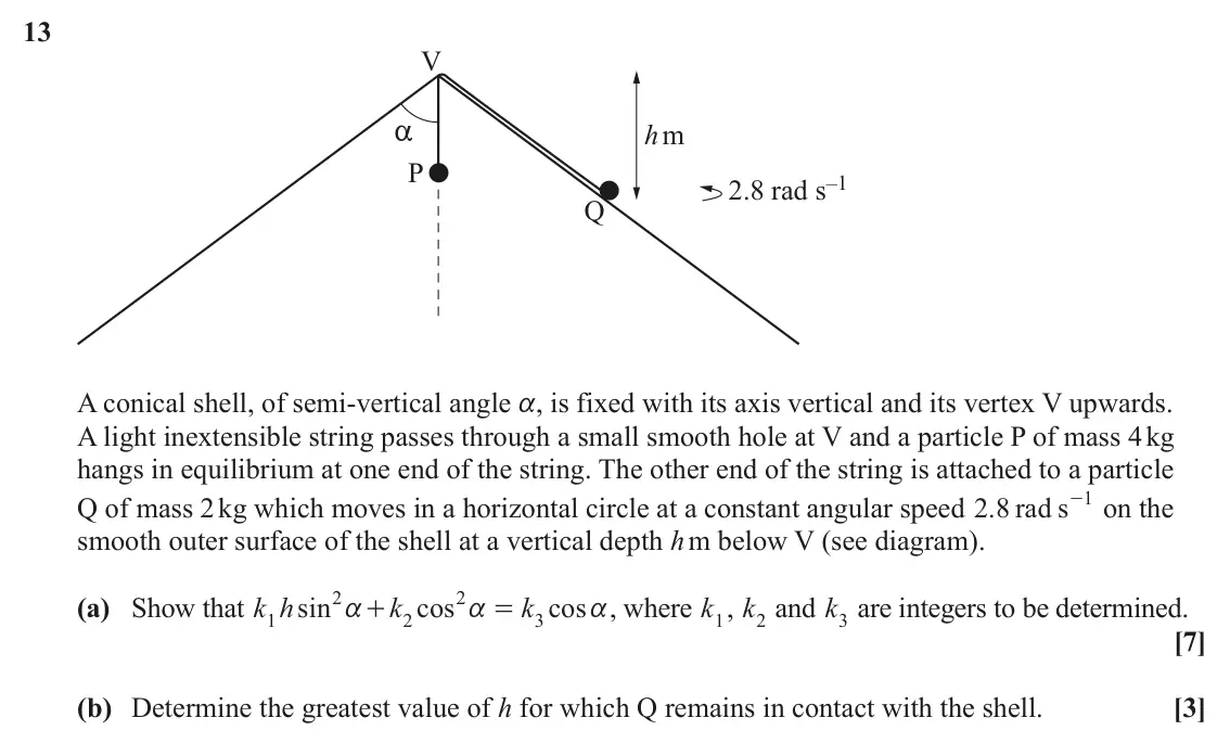 June 2024 Mechanics Major, question 13: V hm a P 2.8 rad s–1 Q A conical shell, of semi-vertical angle a, is fixed with its axis vertical and its vertex V upwards. A light inextensible string passes t