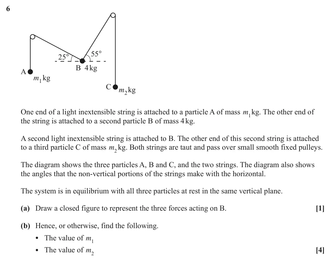 June 2025 Mechanics Major, question 6: 55° 25° B 4 kg A m1kg C m2kg One end of a light inextensible string is attached to a particle A of mass m1 kg. The other end of the string is attached to a seco