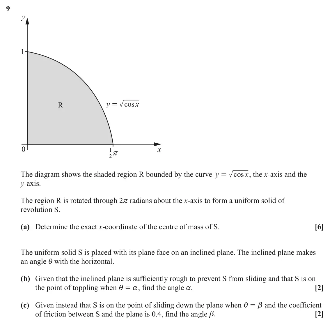 June 2025 Mechanics Major, question 9: y 1 y cos x R = 0 x 1 r 2 The diagram shows the shaded region R bounded by the curve y cos x , the x-axis and the = y-axis. The region R is rotated through 2r r