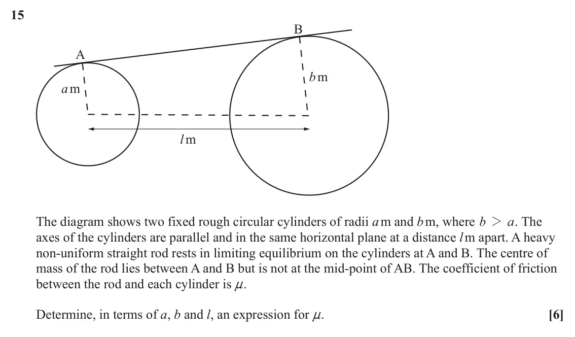 June 2025 Mechanics Major, question 15: B A b m am lm The diagram shows two fixed rough circular cylinders of radii a m and b m, where b 2 a . The axes of the cylinders are parallel and in the same ho