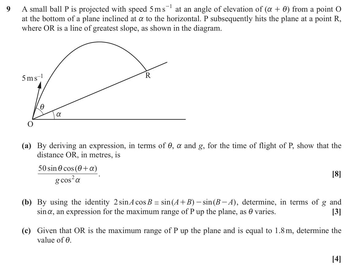 November 2021 Mechanics Major, question 9: A small ball P is projected with speed 5 m s 1 9 - at an angle of elevation of (a + i) from a point O at the bottom of a plane inclined at a to the horizontal.