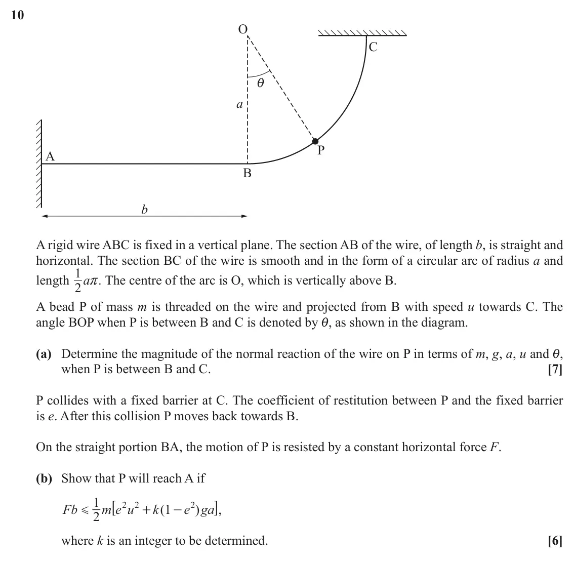 November 2021 Mechanics Major, question 10: O C i a P A B b A rigid wire ABC is fixed in a vertical plane. The section AB of the wire, of length b, is straight and horizontal. The section BC of the wire i