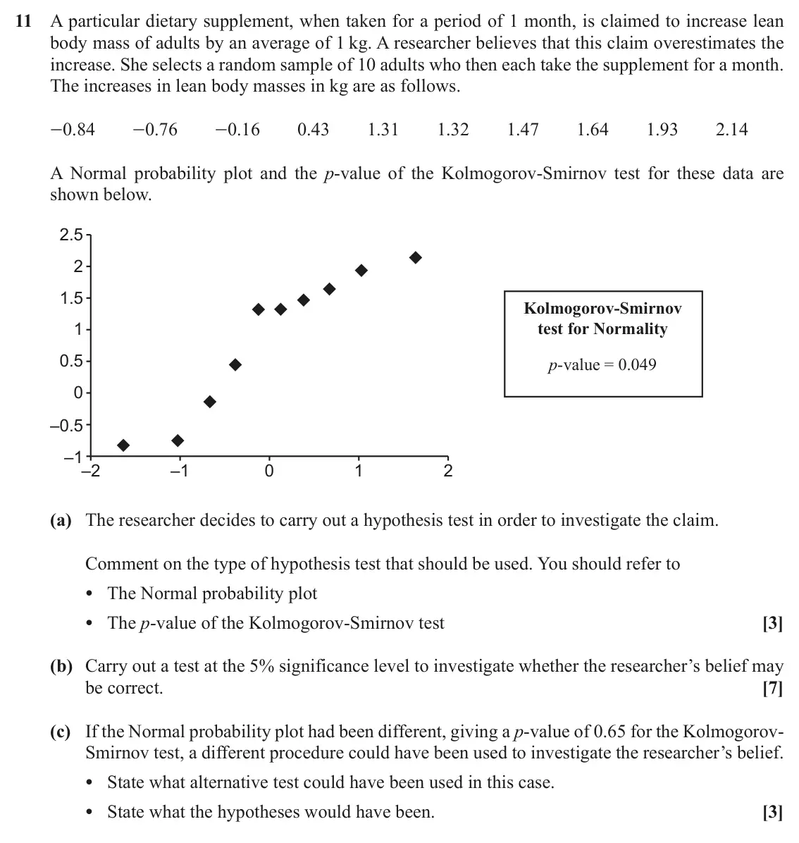 June 2022 Statistics Major, question 11: A particular dietary supplement, when taken for a period of 1 month, is claimed to increase lean body mass of adults by an average of 1 kg. A researcher believe
