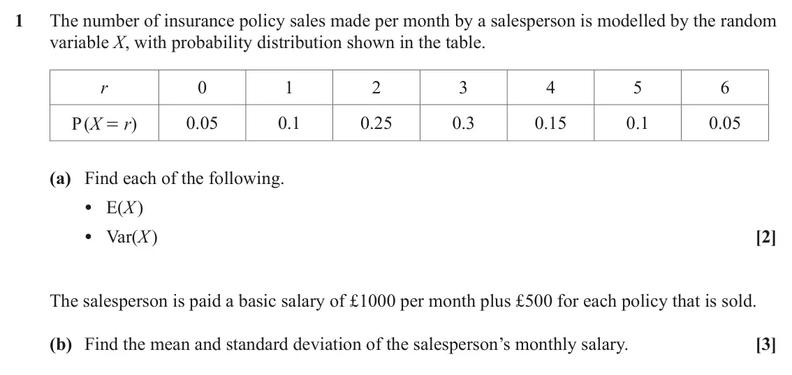 June 2024 Statistics Major, question 1: The number of insurance policy sales made per month by a salesperson is modelled by the random variable X, with probability distribution shown in the table. r 0