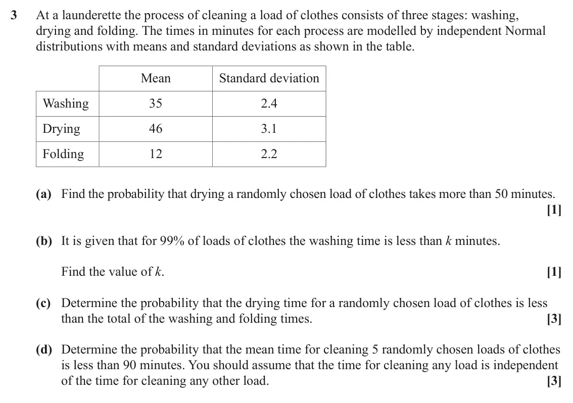 June 2024 Statistics Major, question 3: At a launderette the process of cleaning a load of clothes consists of three stages: washing, drying and folding. The times in minutes for each process are mode