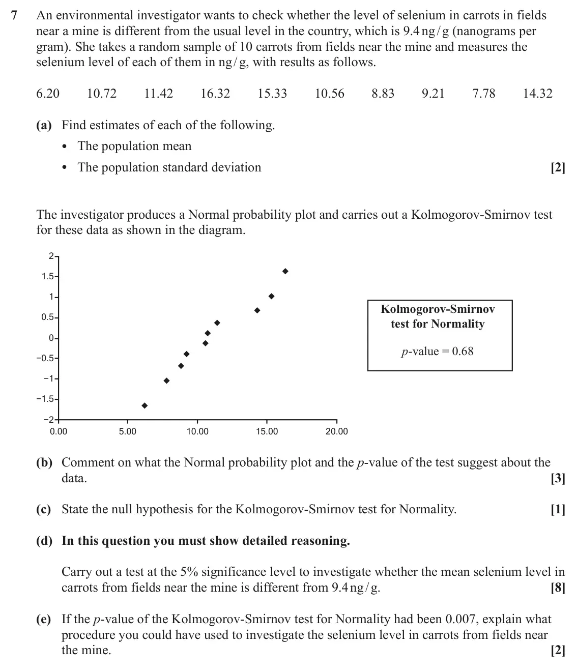 June 2024 Statistics Major, question 7: An environmental investigator wants to check whether the level of selenium in carrots in fields near a mine is different from the usual level in the country, wh