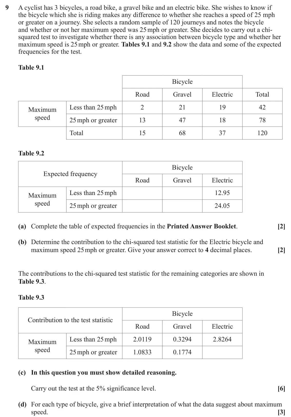 June 2024 Statistics Major, question 9: A cyclist has 3 bicycles, a road bike, a gravel bike and an electric bike. She wishes to know if the bicycle which she is riding makes any difference to whether