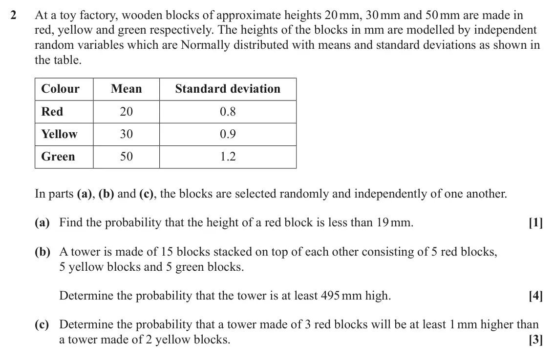 June 2025 Statistics Major, question 2: At a toy factory, wooden blocks of approximate heights 20 mm, 30 mm and 50 mm are made in red, yellow and green respectively. The heights of the blocks in mm ar