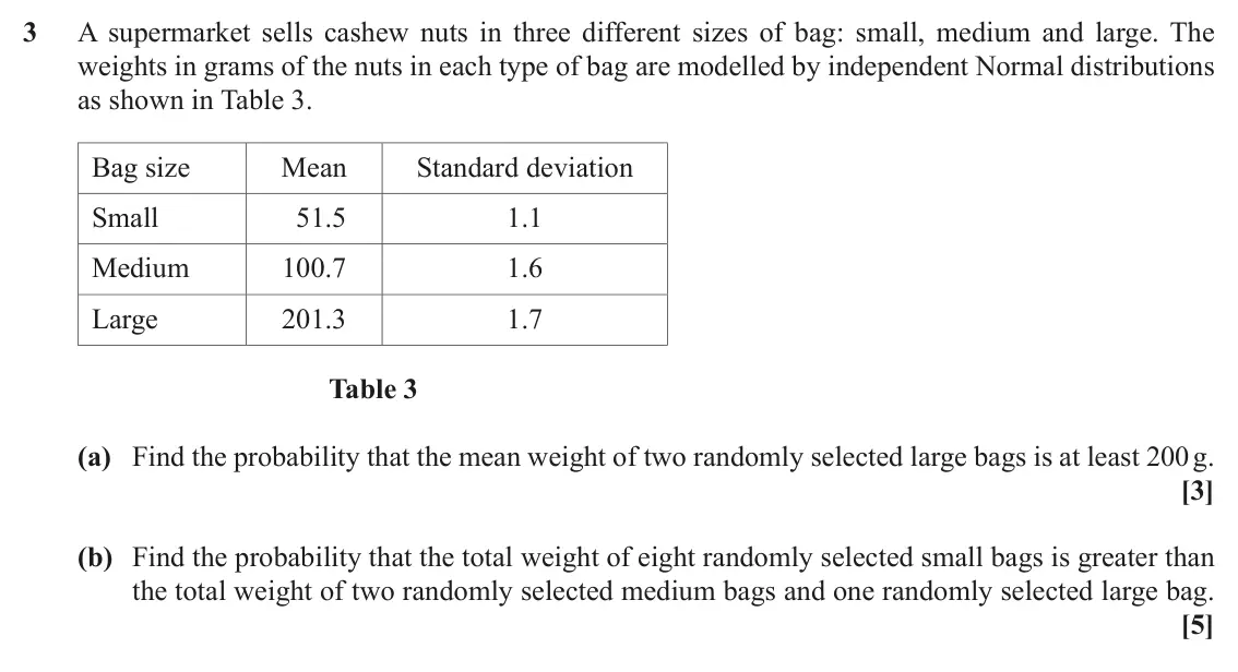 November 2020 Statistics Major, question 3: A supermarket sells cashew nuts in three different sizes of bag: small, medium and large. The weights in grams of the nuts in each type of bag are modelled by i