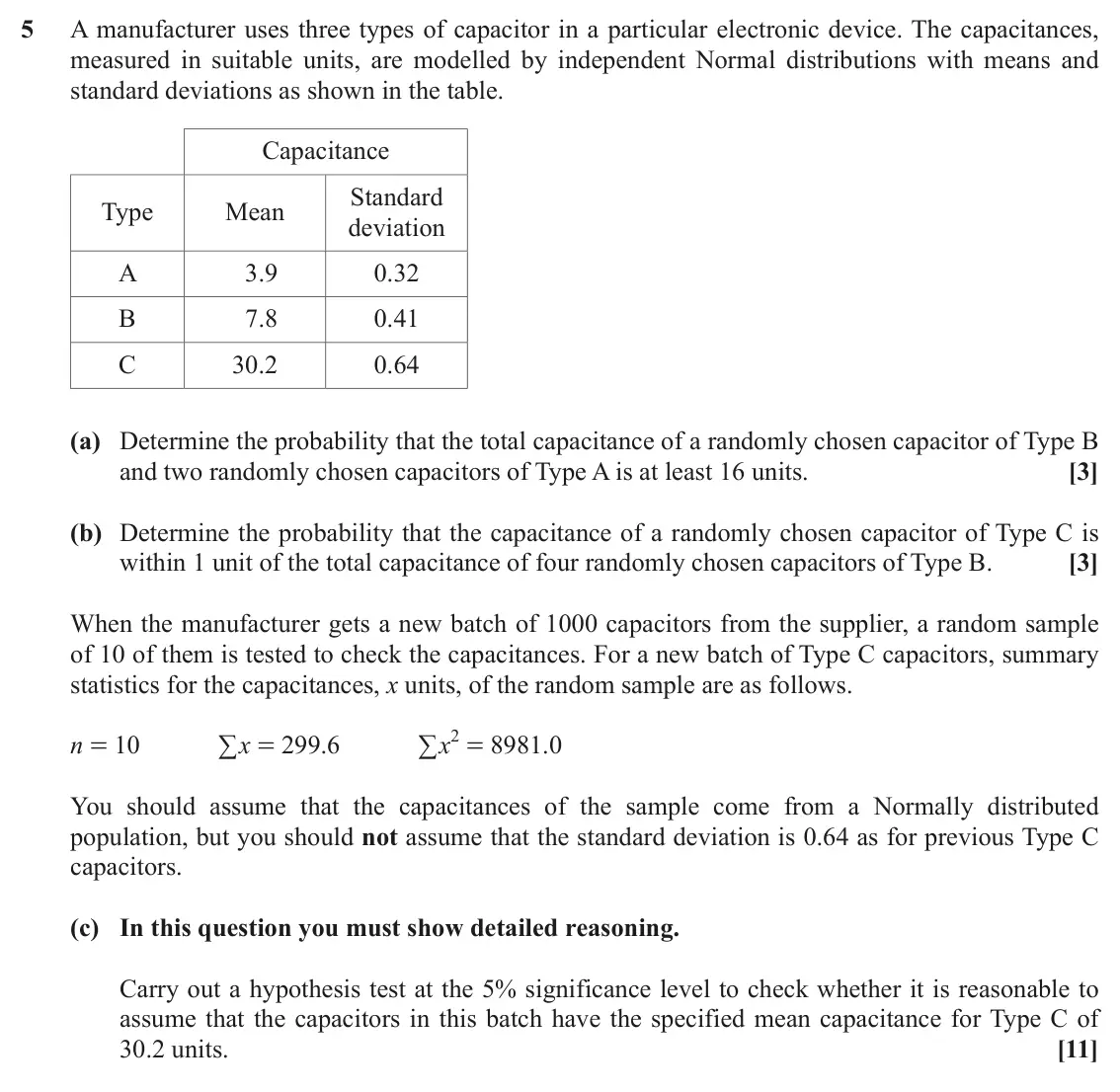 November 2021 Statistics Major, question 5: A manufacturer uses three types of capacitor in a particular electronic device. The capacitances, measured in suitable units, are modelled by independent Normal