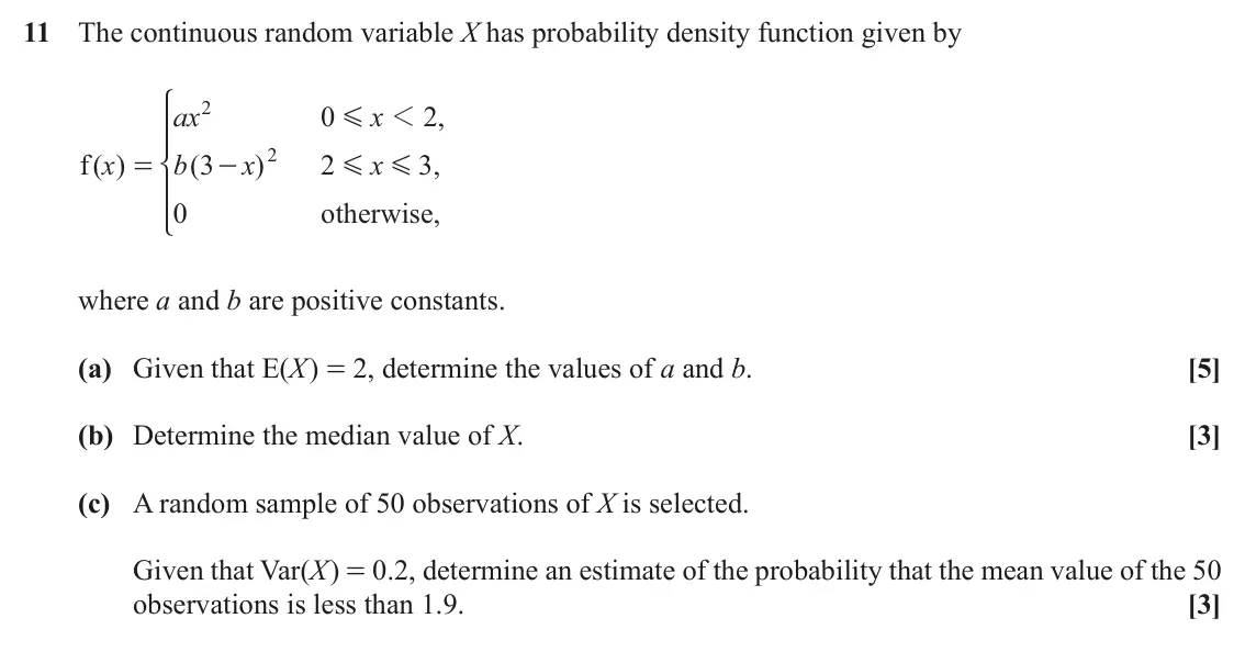 November 2021 Statistics Major, question 11: The continuous random variable X has probability density function given by Z ] 2 ax 0 x 2 , 1 G ] 2 f ( ) x b ( 3 x ) 2 x 3 , [ = - G G ]] 0 otherwise , \ where