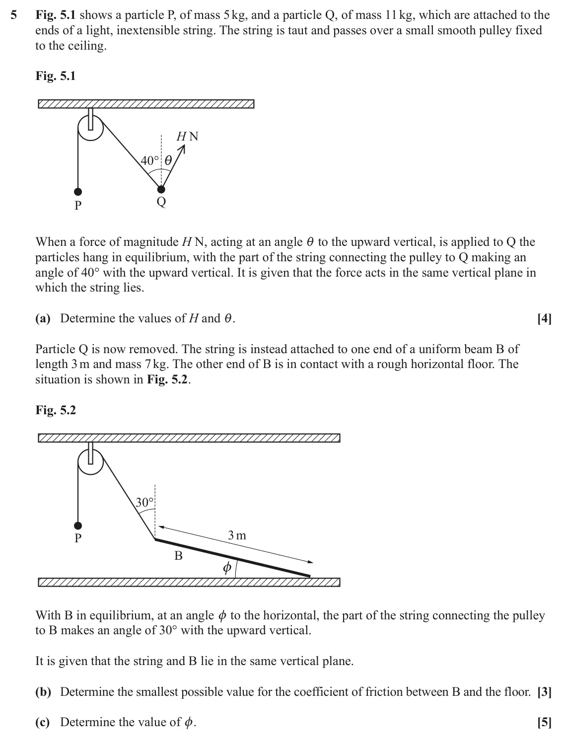 June 2023 Mechanics Minor, question 5: Fig. 5.1 shows a particle P, of mass 5 kg, and a particle Q, of mass 11 kg, which are attached to the ends of a light, inextensible string. The string is taut a