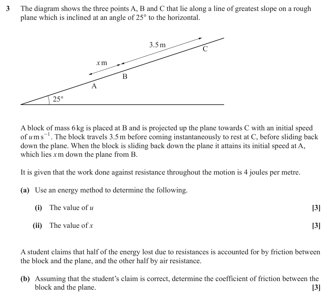 June 2024 Mechanics Minor, question 3: The diagram shows the three points A, B and C that lie along a line of greatest slope on a rough plane which is inclined at an angle of 25° to the horizontal. 3