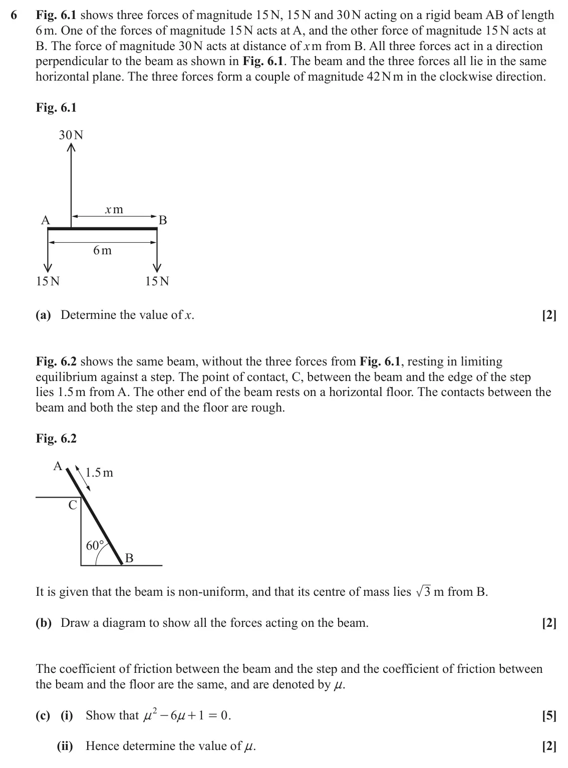 June 2024 Mechanics Minor, question 6: Fig. 6.1 shows three forces of magnitude 15 N, 15 N and 30 N acting on a rigid beam AB of length 6 m. One of the forces of magnitude 15 N acts at A, and the oth