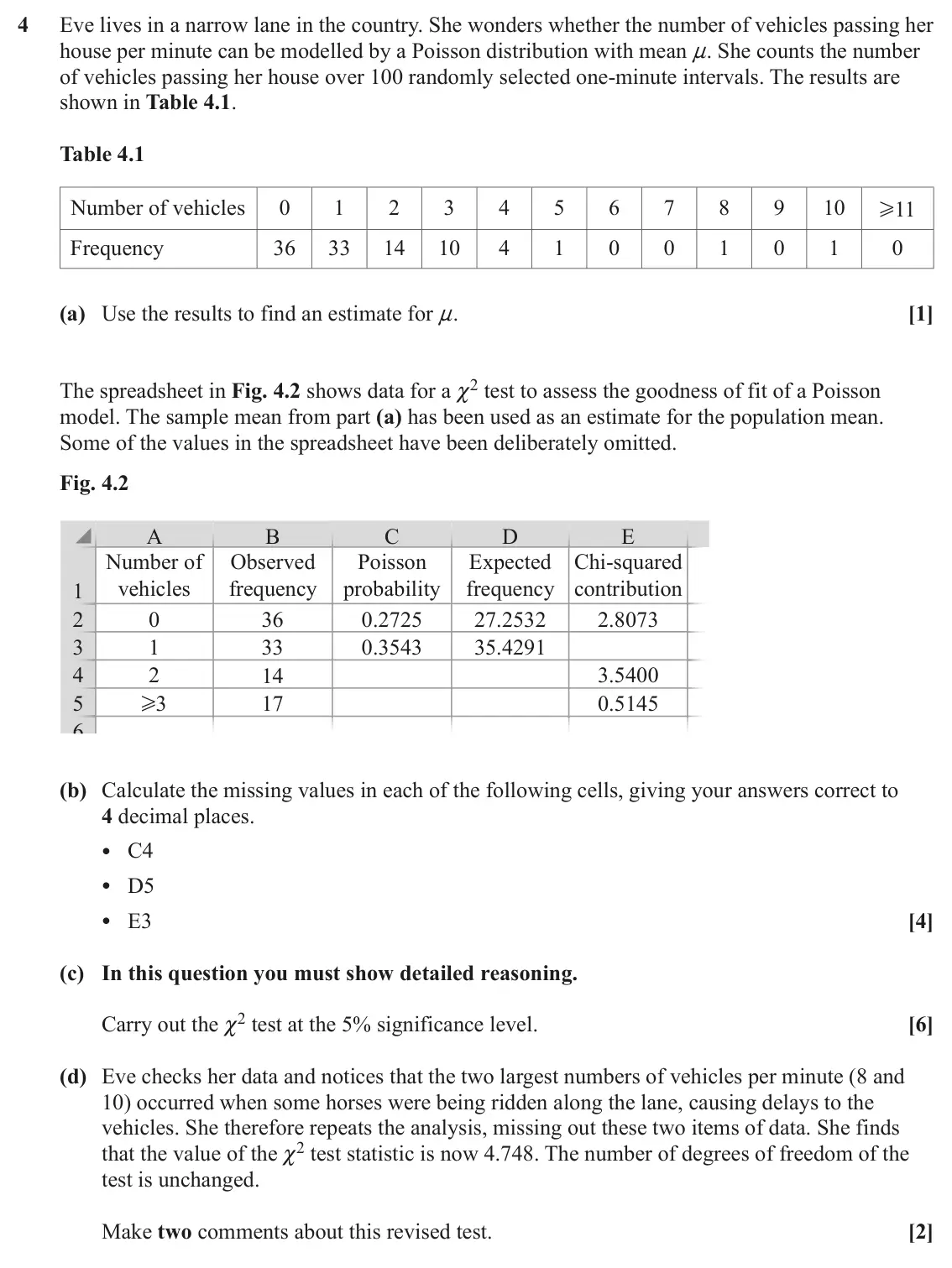 June 2023 Statistics Minor, question 4: Eve lives in a narrow lane in the country. She wonders whether the number of vehicles passing her house per minute can be modelled by a Poisson distribution wit